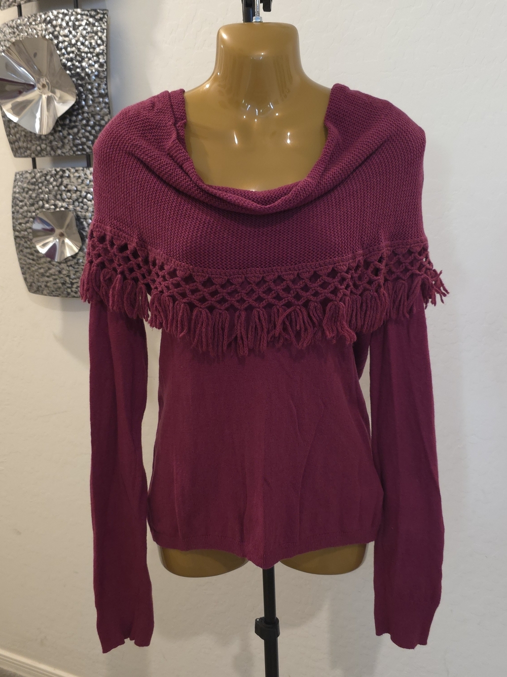 Angel of the North Burgundy Knit Sweater with Fringe Detail Off The Shoulder M
